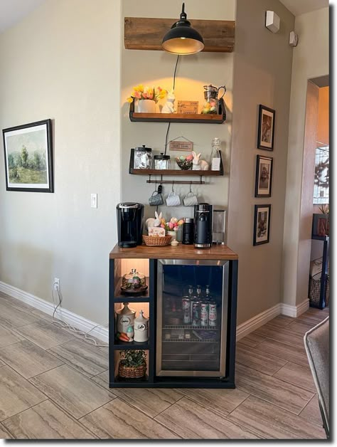 Wine Cooler Corner, Coffee Mini Bar Ideas, Coffee Mini Bar, Bar Bedroom Ideas, Bar Ideas For Bedroom, Wine And Coffee Bar Ideas Small Spaces, Small Bar Area In Living Room, Salon Snack Bar Ideas, Coffee And Liquor Bar Ideas