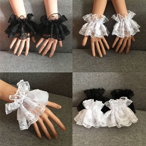 Steampunk Lolita Hand Sleeve Wrist Cuffs Ruffled Floral Black Lace Elastic Bracelet Elegant Ladies Short Lace Gloves Halloween - Gloves & Mittens - AliExpress How To Make Lace Gloves, Lace Cuffs Diy, Lace Gloves Outfit, Grunge Gloves, Ruffle Gloves, Lace Wrist Cuffs, Cuffs Diy, Diy Ruffle, Wedding Cuff