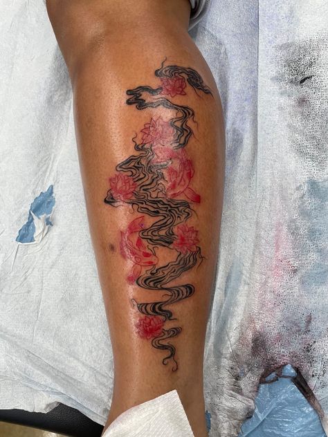 Red And Black Ink Tattoo Sleeve, Tattoo Black Women Arm, Red Ink Tattoo On Brown Skin, Time Warp Tattoo, Black And Red Arm Tattoo Women, High Frequency Tattoo, Tattoo Ideas To Fill In Space, Coverup Tattoo Ideas For Women Cover Up Lower Backs, Black And Red Sleeve Tattoo Women