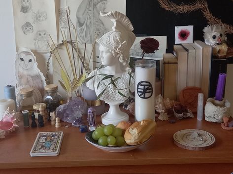 I fixed my altar (again) :") Hellenic Altar Ideas, Altar To Athena, Altar For Athena, Athena Altar Offerings, Athena Alter Ideas, Deity Altar Ideas, Greek God Altar Ideas, Athena Altar Ideas, Greek God Altar