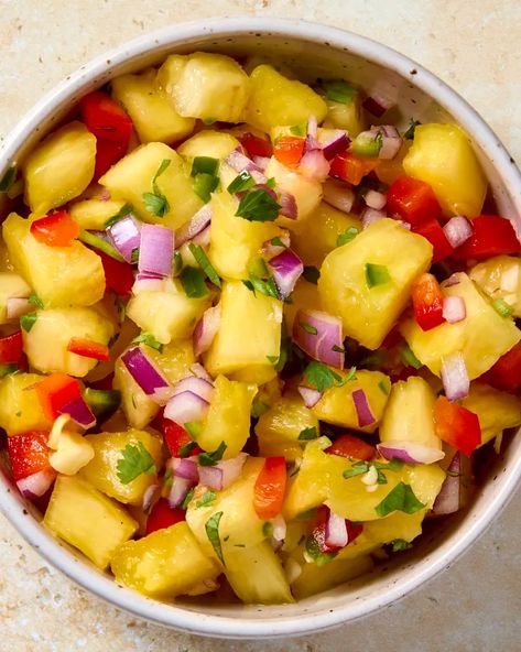 Fresh Pineapple Salsa Recipe (Easy!) | The Kitchn Call Recipes, Appetizer Recipes For A Crowd, Grilled Pineapple Salsa, Quick Salsa, Pineapple Salsa Recipe, Delicious Steak, Plate Recipes, Easy Vegetarian Recipes, Potato Rice