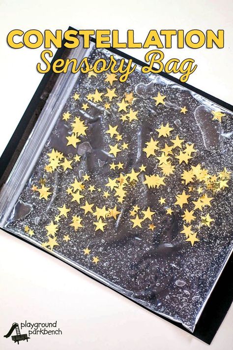 Our Preschool Study of the Stars continues with constellation-inspired sensory play. The Constellation Sensory Bag is a great way to provide hands on learning about the night sky, perfect for toddlers and preschoolers. A great fine motor skill challenge, Space Lessons, Space Preschool, Sensory Bag, Sensory Bags, Outer Space Theme, Space Activities, Camping Theme, Motor Activities, Space Theme