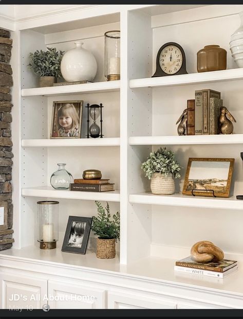 Shelf Decor With Picture Frames, Large Shelves Decor, How To Decorate Entertainment Center Shelves, Traditional Bookshelf Decor, Rustic Shelf Styling, Decor For Built In Shelves, Modern Living Room Shelf Decor Ideas, Decorated Built In Shelves, How To Decorate Built In Bookshelves