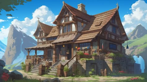 Fantasy Village Concept Art, Chest Game Art, Zelda House, Fantasy House Concept Art, Fantasy House Concept, Anime Village, Minecraft Concept Art, Stylized House, Minecraft Concept