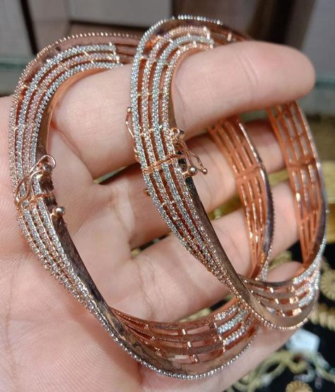 American diamonds studded pair of openable bangles Rs 5100 only available in rose gold, silver and black #jewelsbyfatimakhan Diamond Bangles, Gold Jewellery Design Necklaces, Diamond Bangle, Jewelry Design Necklace, American Diamond, Gold Jewellery Design, Stylish Jewelry, Jewellery Design, Diamond Studs