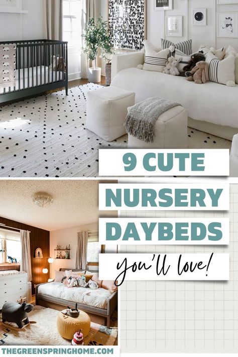 Check out these four real-life nurseries for nursery daybed layout ideas! You'll also find NINE stylish & top-rated nursery daybed ideas - with options for every budget! Nursery Queen Bed, Nursery Daybed Ideas, Day Bed For Nursery, Nursery Layout With Bed, Nurseries With Daybeds, Nursery With A Daybed, Nursery With Pull Out Couch, Daybed For Nursery, Daybed In Nursery Ideas