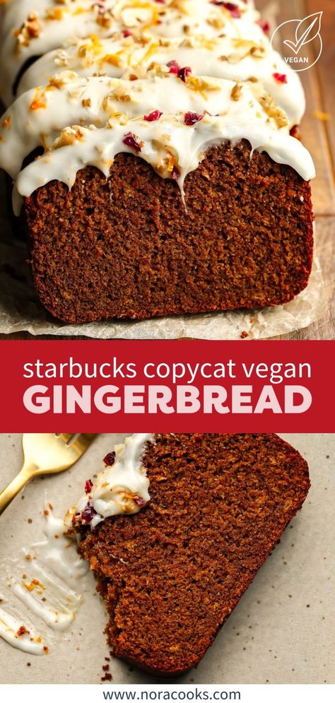 This spiced vegan Gingerbread Loaf with cream cheese icing tastes just like the holidays! Light, fluffy, and with a wonderfully warming gingerbread flavor, this is a must-have treat for the holiday season and it's so easy to make. Vegan Sweet Bread, Vegan Loaf Recipes, Vegan Quick Bread, Vegan Holiday Treats, Vegan Gingerbread Loaf, Vegetarian Loaf, Vegan Loaf, Nora Cooks, Vegan Xmas