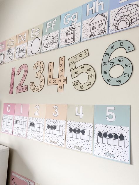 Number Posters For Classroom, Muted Rainbow Color Palette, Rainbow Colour Palette, Bright Classroom Decor, Kindergarten Classroom Themes, Tens Frame, Teaching Classroom Decor, Number Posters, Preschool Classroom Decor