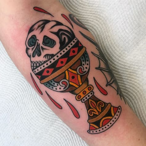 Joshua Gilbert on Instagram: “Skull and chalice for @b.colesy Thanks heaps dude. . . . . . . . . #tattoo #trad #traditional #tradtattoo #traditionaltattoo…” Chalice Tattoo Traditional, Traditional Goblet Tattoo, Traditional Medieval Tattoo, Medieval Traditional Tattoo, Traditional Reaper Tattoo, Goblet Tattoo, Skull Tattoo Traditional, Traditional Shoulder Tattoo, Traditional Candle Tattoo