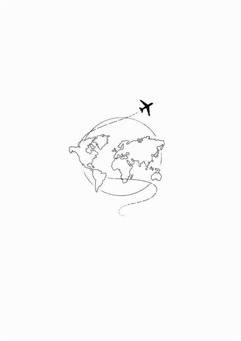 Small World Map Tattoo, Small Tattoos About Traveling, World Map Fine Line Tattoo, World Outline Tattoo, Plane Around The World Tattoo, Plane Outline Tattoo, Fine Line Earth Tattoo, Fine Line World Tattoo, Immigration Tattoo