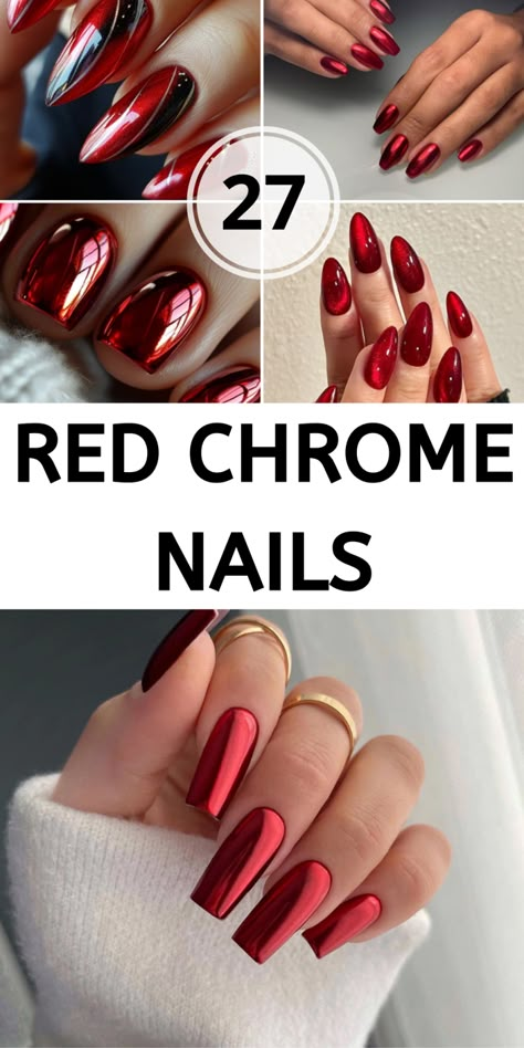 When it comes to burgundy chrome nails, there are so many design possibilities to choose from. Whether you prefer simple, elegant nails or something more detailed and artistic, the options are endless. Burgundy chrome gives off a high-shine, almost mirror-like effect that’s perfect for showcasing your nail art.  Some popular designs include adding intricate details like metallic stripes, tiny rhinestones, or subtle glitter accents. You can also try geometric patterns or mix in other colors like Colour Chrome Nails, Red Chrome Nails Almond, Red Chrome Nails Designs, Red Cateye Nails, Chrome Red Nails, Red Chrome Nails, Chrome Manicure, Gold Chrome Nails, Red Nail Art Designs