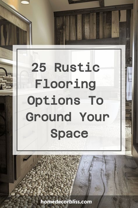 Explore a curated selection of 25 rustic flooring options that will beautifully ground your space. From reclaimed wood to natural stone, find the perfect flooring inspiration for your home décor projects. Whether you're looking to add warmth or a touch of earthy charm, these rustic flooring ideas are sure to elevate any room in your home. Discover the perfect foundation for your interior design style with these inviting and timeless flooring options. Grey And Brown Tile Floor, Farm Style House Flooring, Western Flooring, Rustic Flooring Ideas, Rock Floor, Rustic Wood Floors, Slate Tile Floor, Rustic Tile, Wooden Wall Signs