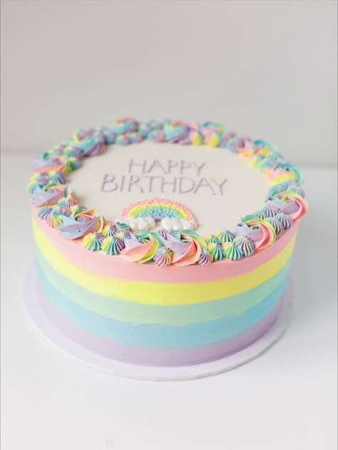 Birthday cake with pastel rainbow stripes and swirls Pastel Rainbow Sheet Cake Birthday, Rainbow Cakes Ideas, Pastel Rainbow Birthday Party Cake, Rainbow Princess Birthday Cake, Unicorn And Rainbow Birthday Cake, Rainbow Cake Ideas Birthdays, Cake Designs For Girls Kids, Birthday Cake Rainbow Theme, Rainbow Smash Cake 1st Birthdays