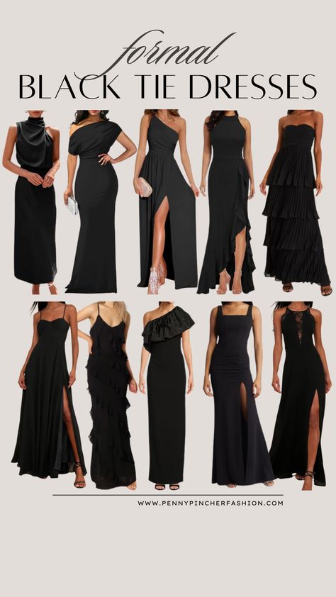 Black Tie Black Dress Options All Black Outfit For Wedding Guest, Women Formal Dresses, Black Formal Wear, Elegant Outfit For Party, Black Tie Gala Outfit, Little Black Dress For Wedding Guest, Black Tie Dinner Outfit Women, All Black Formal Wedding Guest Attire, All Black Formal Wedding