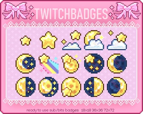 Pixel Art Twitch Badges, Pixel Twitch Badges, Starry Night Pixel Art, Night Pixel Art, Star Pixel Art, Pixel Stars, Pixel Moon, Moon Pixel Art, Pixel Star