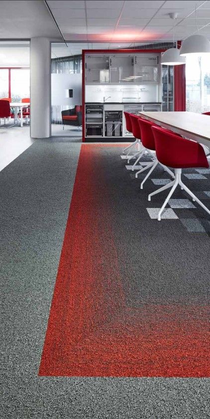 We like this red interior design at Häfele, Netherlands. Fuse is a striking carpet tile that adds movement to the floor by effortlessly flowing between two contrasting yet complimentary colour schemes to help zone and divide large interior spaces such as open plan offices. Office Flooring Ideas Carpet, Red Carpet Interior Design, Carpet Office Design, Unique Carpet Design, Office Floor Design, Red Carpet Interior, Office Carpet Ideas, Red Office Design, Carpet In Office