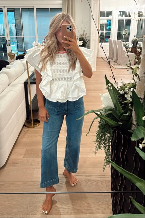 Let Me Be Flutter-Sleeve Top curated on LTK Womens Dressy Outfits Winter, Bachelorette Fall Outfits, Jean And Blouse Outfit, College Ring Ceremony Outfit, Church Outfit Ideas Summer, Preppy Adult Outfits, Cute Outfits Feminine, Spring Womens Outfits, Friday Teacher Outfit Jeans