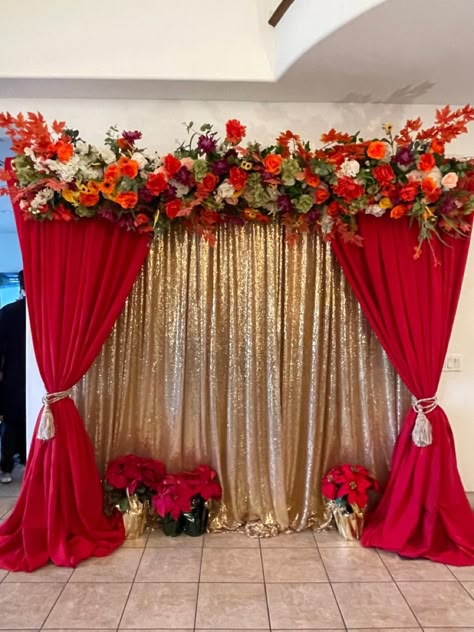 Basic Party Decorations, Pasni Decoration Ideas, Red And Gold Backdrop, 2025 Decoration, Walima Decor, 40 Th Anniversary, Gold Quinceanera Theme, Dholki Decor, Charro Theme