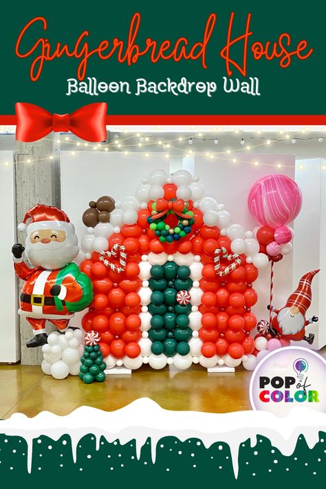 This 8’ tall gingerbread house backdrop is covered in candy canes, peppermint candies and santa. Great to use as a photo op. We call this a Linky Balloon Wall. Balloon Gingerbread House, Gingerbread House Backdrop, Christmas Balloon Decorations, Holiday Balloons, Peppermint Candies, Green Bay Wisconsin, Backdrop Wall, Balloons Decorations, Theme Days