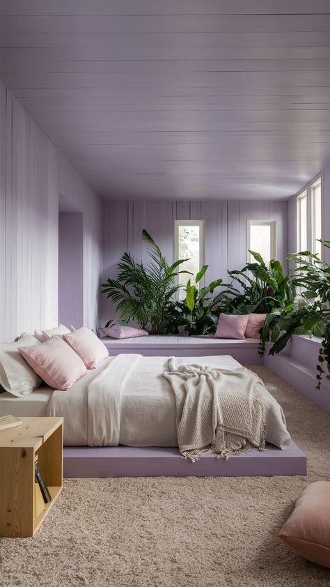 A tranquil bedroom with soft lavender walls, minimalist white furniture, light gray accents, and natural light streaming through sheer curtains. A lavender plant sits on a bedside table, adding a touch of greenery. Peaceful Bedroom, Purple Bedrooms, Purple Bedroom, Peaceful Living, Zen Decor, Minimalist Bedroom, Minimalist Decor, Soft Pastel, Natural Light