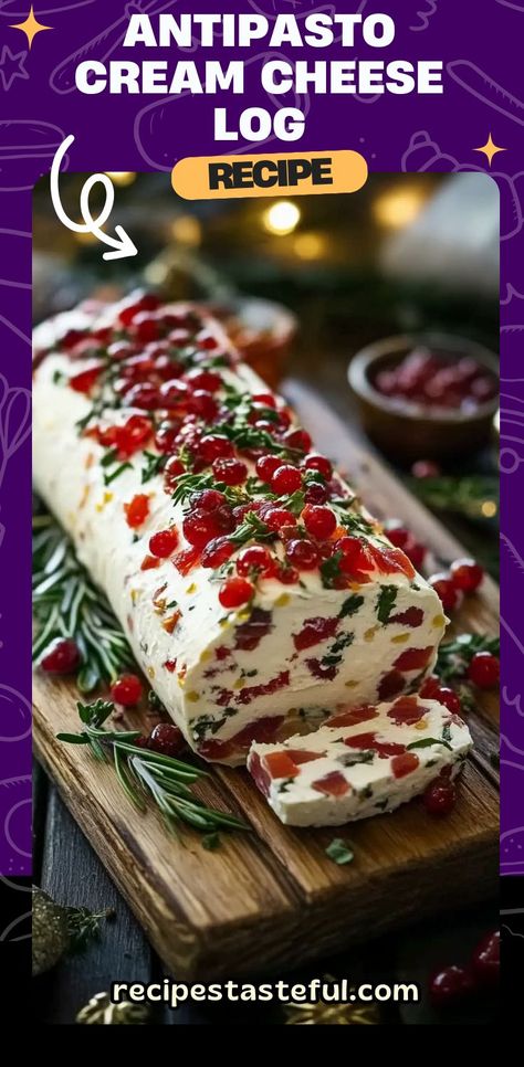 This delicious Festive Holiday Antipasto Cream Cheese Log is the perfect appetizer for your holiday gatherings! With a rich cream cheese base, roasted red peppers, olives, artichoke hearts, and Parmesan cheese, it’s bursting with flavor. Garnished with fresh parsley, rosemary sprigs, and cranberries, it’s both tasty and visually stunning. Serve with crackers, baguette slices, or veggie sticks for a festive and easy-to-make dish. #HolidayAppetizer #CheeseLog #AntipastoAppetizer Cream Cheese Log, Cream Cheese Appetizer Recipes, Xmas Appetizers, Veggie Sticks, Baguette Slices, Holiday Party Appetizers, Cream Cheese Appetizer, Cheese Log, Festive Appetizers