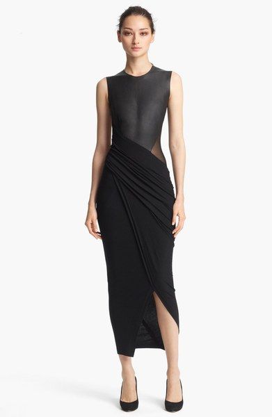 Collection Sleeveless Leather Jersey Dress - Lyst Draped Jersey Dress, Matrix Fashion, Donna Karan Dresses, Donna Karan Dress, Business Skirt, Arab Fashion, New York Style, Gala Dresses, Fashion 101