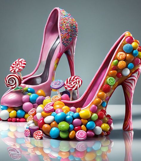 Candyland Shoes, Surreal Shoes, Funny High Heels, Goofy Shoes, Wonka Christmas, Shoe Sculpture, Crazy High Heels, Cheshire Cat Costume, Concept Shoes