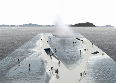 This breathtaking platform lets users walk into the sea in an experience that feels like floating in and on the water. Water Pavilion, Water Architecture, Floating Architecture, Yeosu, Pavilion Architecture, Pavilion Design, Renzo Piano, Walk On Water, Green Architecture