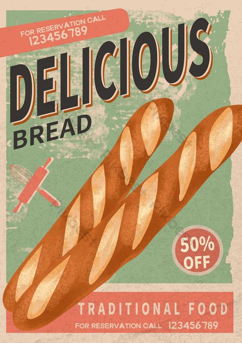 French Bread Illustration, Food Poster Aesthetic, Advertising Posters Design, Bread Graphic Design, Food Vintage Poster, Advertisement Poster Design, Vintage French Aesthetic, French Graphic Design, Retro Food Poster