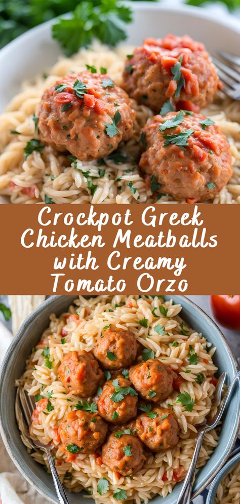 Crockpot Greek Chicken Meatballs with Creamy Tomato Orzo | Cheff Recipes Crockpot Greek Recipes, Chicken Orzo Recipes Crockpot, Crock Pot Greek Chicken Slow Cooker, Mediteranian Crockpot Recipes, Greek Chicken In Crockpot, Greek Chicken Meatballs With Orzo, Greek Chicken Meatballs With Lemon Orzo, Greek Crockpot Recipes, Orzo Crockpot Recipes