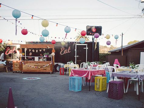 Thai and Korean Street Fair Party by Heirloom LA + Poketo Street Food Decoration Ideas, Parking Lot Party Decorations, Parking Lot Party Ideas, Parking Lot Wedding Reception, Street Fair Ideas, Night Market Themed Party, Street Fair Decorations, Parking Lot Wedding, Block Party Wedding