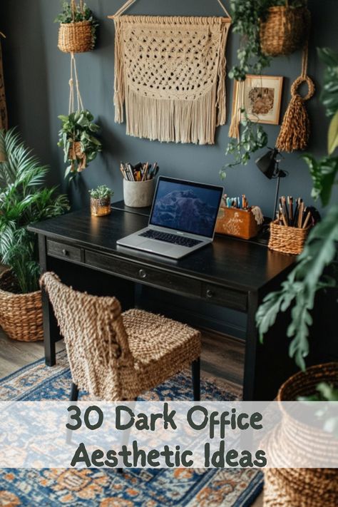 A dark bohemian office with a woven chair, macrame wall decor, and natural textures showcases the dark academia aesthetic and offers moody office inspiration for modern home offices, blending home office ideas dark academia with a dark and moody office modern style. Home Office Ideas Dark, Office Ideas Dark, Dark Office Ideas, Moody Office Space, Moody Office Inspiration, Dark And Moody Office, Dark Moody Office, Dark Office Aesthetic, Cozy Office Ideas