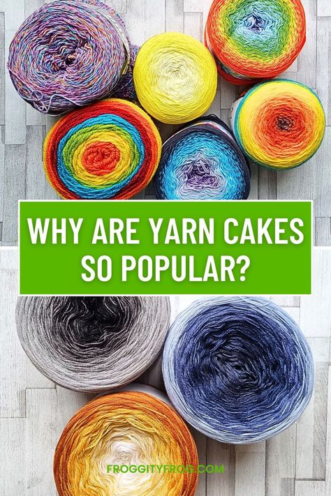 Yarn cakes are very pretty balls of yarn that generally contain several different colours of yarn, all wound up into a cylinder that we call a cake.
But why is this type of yarn so popular and what can you crochet with them?
Click to read all about yarn cakes now. Wedding Crochet Patterns, Yarn Cakes, Winding Yarn, Crochet Cake, Frog Crochet, Crochet Accessory, Balls Of Yarn, Flower Girl Accessories, Crochet Hack