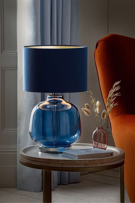 Blown Glass Table Lamp, Table Lamp Decor Ideas, Blue Table Lamps For Bedroom, Next Home Living Room, Blue Decor Living Room, Navy Sofa Living Room, Blue Lamps, Blue Glass Lamp, Blue Living Room Decor