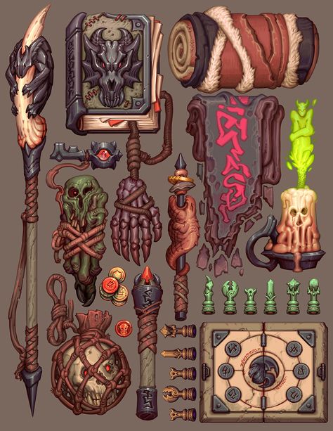 ArtStation - Adventurers' Inventory, Avery Coleman Fantasy Items Concept, Adventurers Inventory, Fantasy Items Art, Prop Artwork, Character Inventory, Rpg Game Design, Inventory Art, Art Inventory, Piskel Art