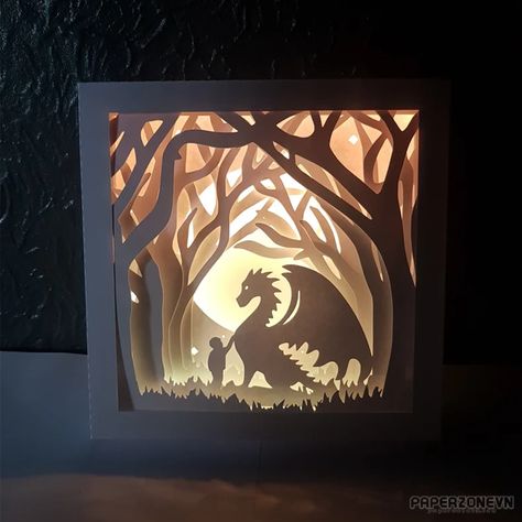 Light Box Dragon in the Forest | Paperzone VN Dragon Shadow, Shadow Box Kunst, Lightbox Art, Shadow Light Box, Shadow Box Svg, 3d Paper Art, Deep Box Frames, Layered Art, Shadow Box Art