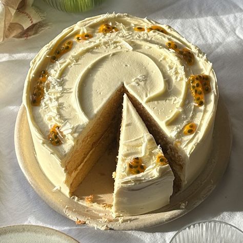 Passion Fruit and White Chocolate Cake Recipe | Recipes from Ocado White Chocolate Cake Recipe, Passionfruit Cake, Passion Fruit Cake, The Great British Baking Show, Afternoon Tea Cakes, White Chocolate Buttercream, Great British Baking Show, White Chocolate Cake, Everything Cake