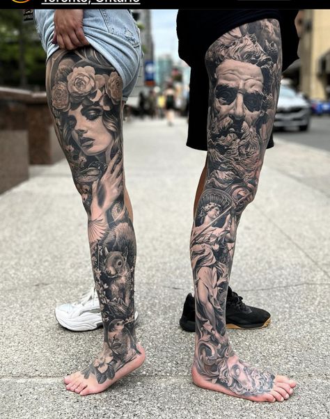 Tattoo Pierna Hombre, Leg Sleeve Ideas, Tattoo Perna, Mangas Tattoo, Full Leg Tattoos, Christian Sleeve Tattoo, Skeleton Hand Tattoos, Greek Mythology Tattoos, Clever Tattoos