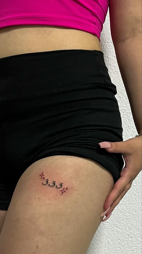 Cute 333 Tattoo, Red 333 Tattoo, 444 Above Knee Tattoo, 444 Tattoo Collarbone, 333 Neck Tattoo, Collarbone Tattoo Female, 333 Tattoo Design, Baddies Tattoos, 333 Angel Number Tattoo