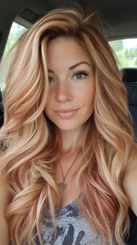 Change From Blonde Hair, Cinnamon Highlights On Blonde Hair, Blonde Hair Red Balayage, Bright Blonde With Copper Lowlights, Fair Skin Highlights Hair, Copper Brown Lowlights In Blonde Hair, Strawberry Blonde Grey Hair, Strawberry Highlights On Blonde Hair, Multi Colored Hair Highlights Blondes