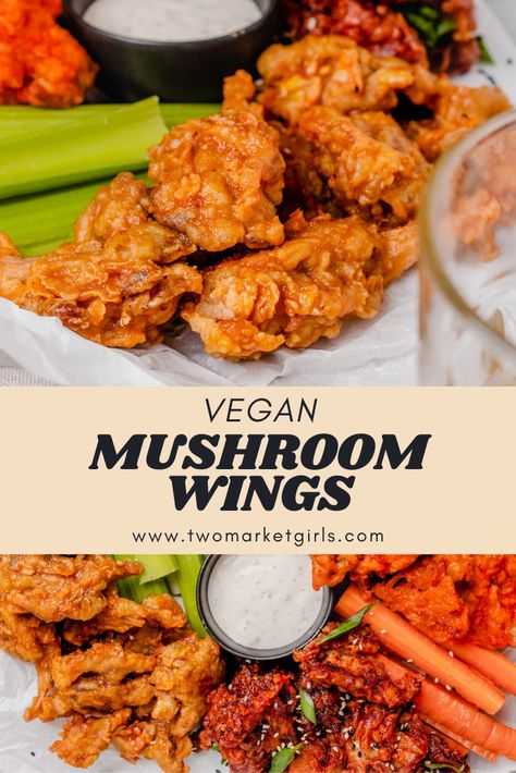 Fries Mushrooms Recipe, Oyster Mushroom Wings, Vegetarian Chicken Wings, Vegan Cremini Mushroom Recipes, Vegan Wings Recipe, Vegan Legume Recipes, Vegan Fried Mushrooms, Vegan Meals With Mushrooms, King Trumpet Mushroom Recipe Vegan