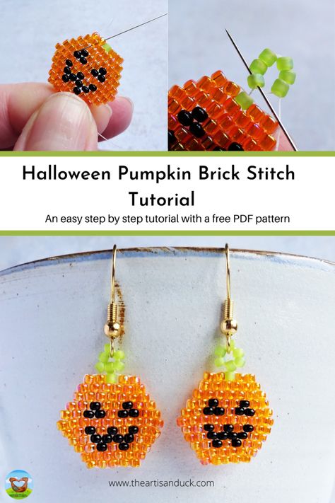 Beginner Brick Stitch Earrings, Beaded Pumpkin Tutorial, Brick Stitch Halloween Patterns, Diy Beaded Pumpkin, Beaded Jewelry Halloween, Brick Beading Tutorial, Seed Bead Brick Stitch Tutorial, Beading Stitches Tutorial, Seed Bead Halloween Patterns