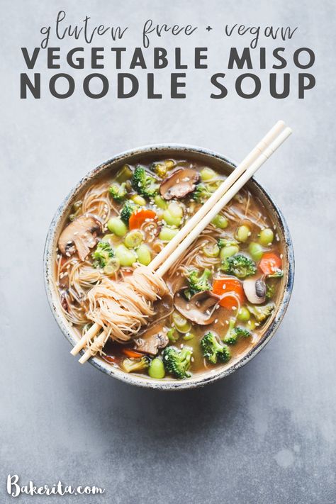 Make this easy Vegan Vegetable Noodle Miso Soup for dinner tonight! It's simple to make on the stove in under 30 minutes. It's naturally vegan, and since it's made with rice noodles, it's also gluten-free. You can customize the soup with whatever vegetables you have on hand. Miso Noodle Soup, Soup Gluten Free, Soup For Dinner, Mapo Tofu, Vegetable Noodles, Vegan Soups, Miso Soup, Dinner Easy, Vegan Soup