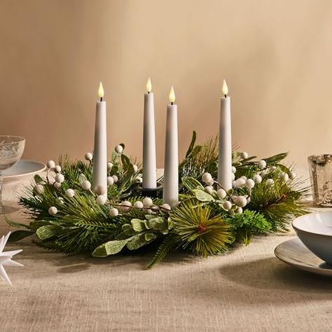 Advent Ring Ideas, Taper Candle Centerpiece Christmas, Candle Ring Wreath, Christmas Table Wreath Centerpiece, Advent Table Centerpiece, Advent Candle Centerpiece, Advent Centerpiece, Candle Wreath Centerpiece, White Taper Candles