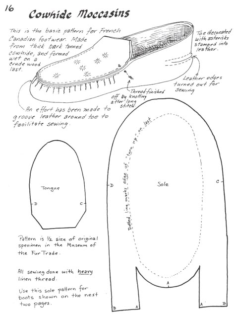 Years ago, when I was involved in the Great Lakes Fur trade I became very fond of  my heavy cowhide moccasins.  This type of moccasin was made in Montreal for use by the voyageurs.   The cordonnier… Leather Moccasins Pattern, Moccasin Patterns, Diy Moccasins, Native American Moccasins, Hantverk Diy, Moccasin Pattern, Shoe Patterns, Beaded Moccasins, Diy Slippers