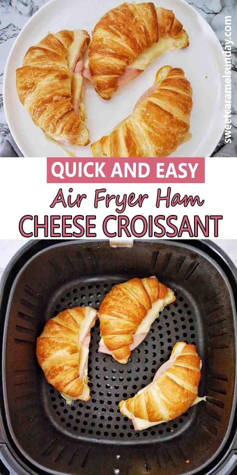 Croissants with ham and cheese on white plate and in air fry basket with text written between 2 images. Chicken Thigh Recipes Stovetop, Bakery Breakfast, Ham And Cheese Croissant, Air Fryer Recipes Snacks, New Air Fryer Recipes, Breakfast At Home, Cheese Croissant, Cooks Air Fryer, Air Fried Food