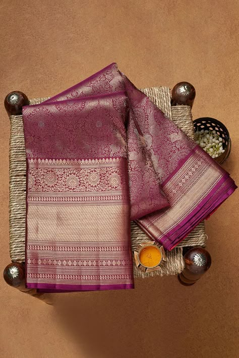 Buy Mulberry purple Zari Woven Kanchipuram Silk Saree Online | Samyakk Saree Pic Ideas, Saree Display Ideas, Sarees Photography, Saree Photography Ideas, Saree Photoshoot Ideas, Saree Product Shoot, Saree Display, Model Saree, Flat Lay Photography Fashion