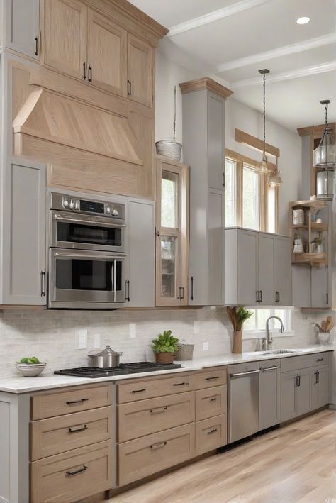 interior design kitchen, home decorating ideas, wall paint colors, kitchen cabinet design Oak Wood Cabinets, Oak Kitchen Cabinets Wall Color, Light Grey Kitchen Cabinets, Grey Kitchen Walls, Gray Kitchen Cabinets, Light Oak Floors, Light Grey Kitchens, Gray Painted Walls, Agreeable Gray