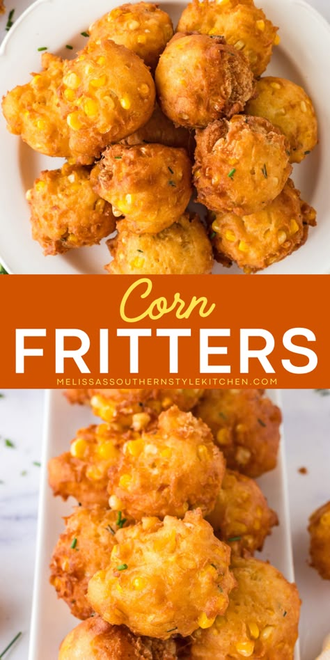 Learn how to make corn fritters and serve crispy and puffy summer appetizers for a party! An easy corn fritters recipe that will give you a crispy golden meal. Don't miss this delicious snack recipe! Sweet Corn Hushpuppies, Spicy Corn Nuggets, Jiffy Mix Corn Fritters Easy, Creamed Corn Fritters Recipe, Corn Appetizer, Corn Fritters Recipe, Corn Nuggets, Sweet Corn Fritters, Corn Fritter