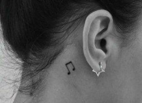 Music Behind Ear Tattoo, Music Ear Tattoo, Hand Tattoos Music, Music Tattoo Behind Ear, Ear Tattoo Simple, Music Note Behind Ear Tattoo, 3 Heart Tattoo Designs, Tattoo Designs Behind The Ear, Mini Tattoos Music